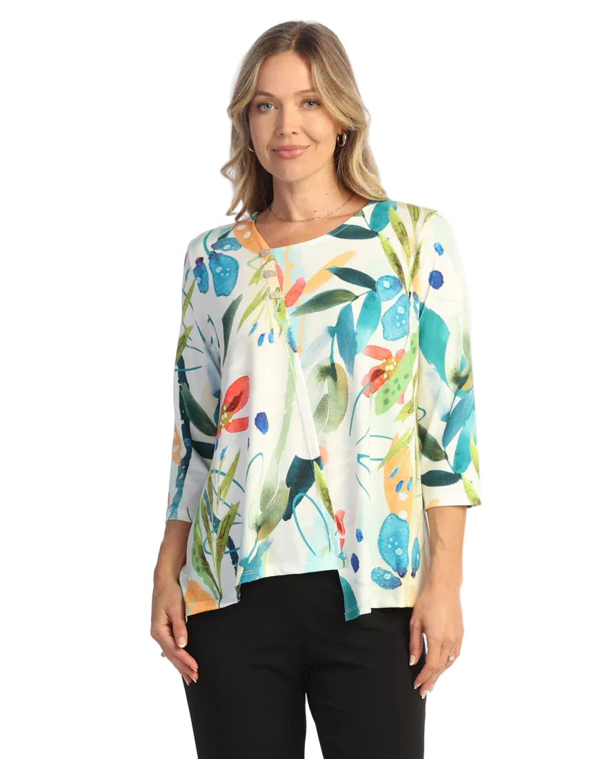Asymmetric Neck Faux Wrap Top with Buttons - Lemonade