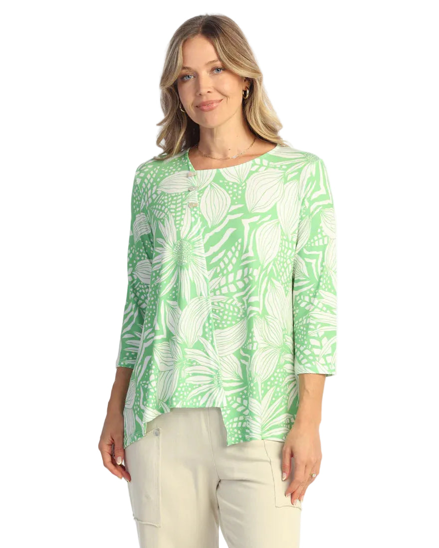 Asymmetric Neck Faux Wrap Top with Buttons - Block Print
