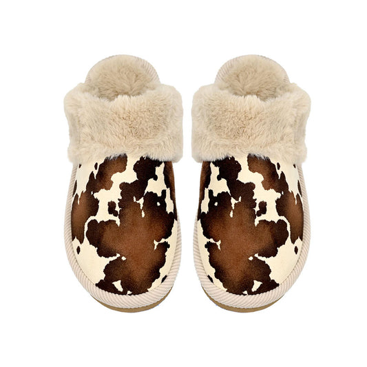 Cow Print Faux Fur Slippers