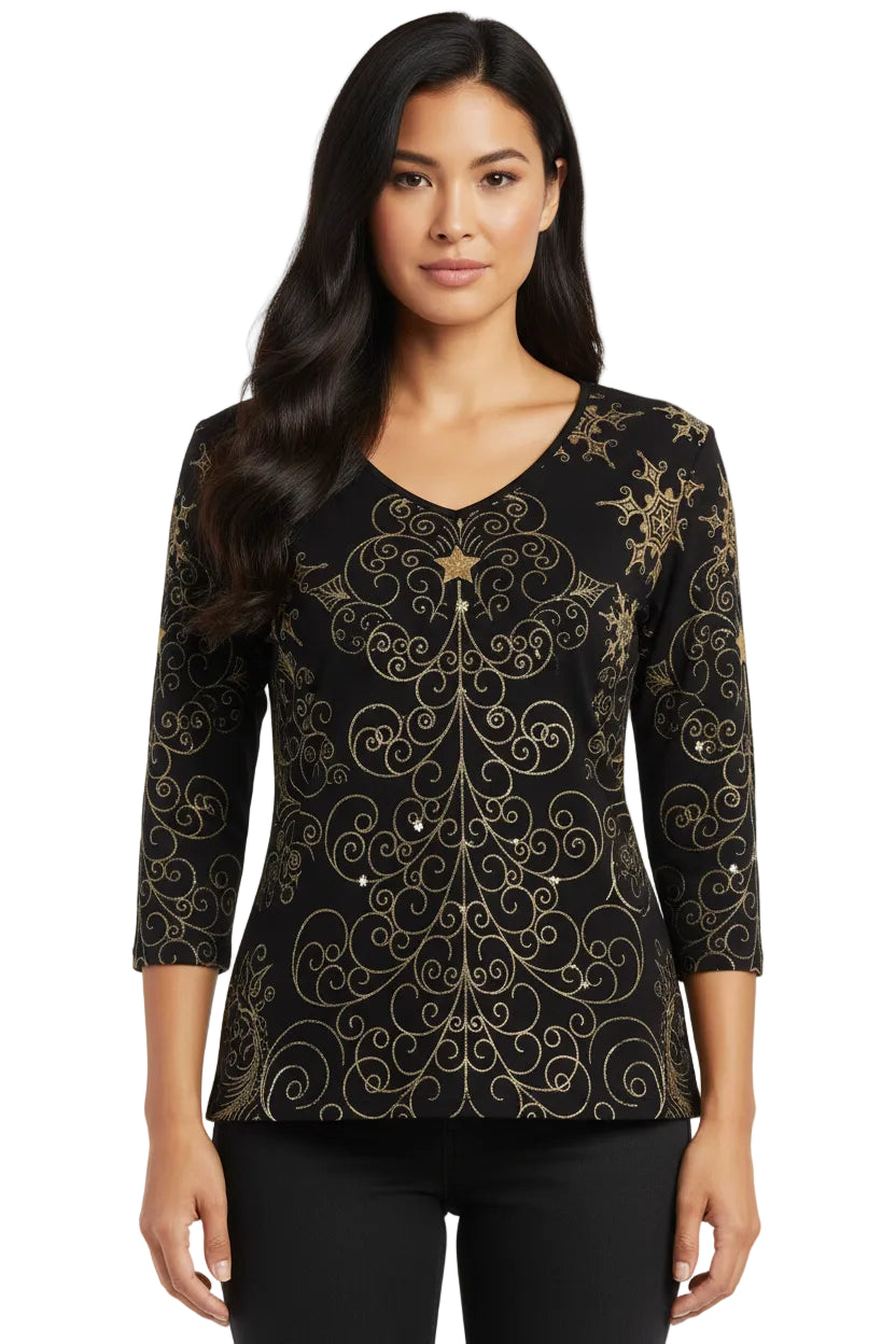 V-Neck Cotton Baby Rib Top - Christmas Star