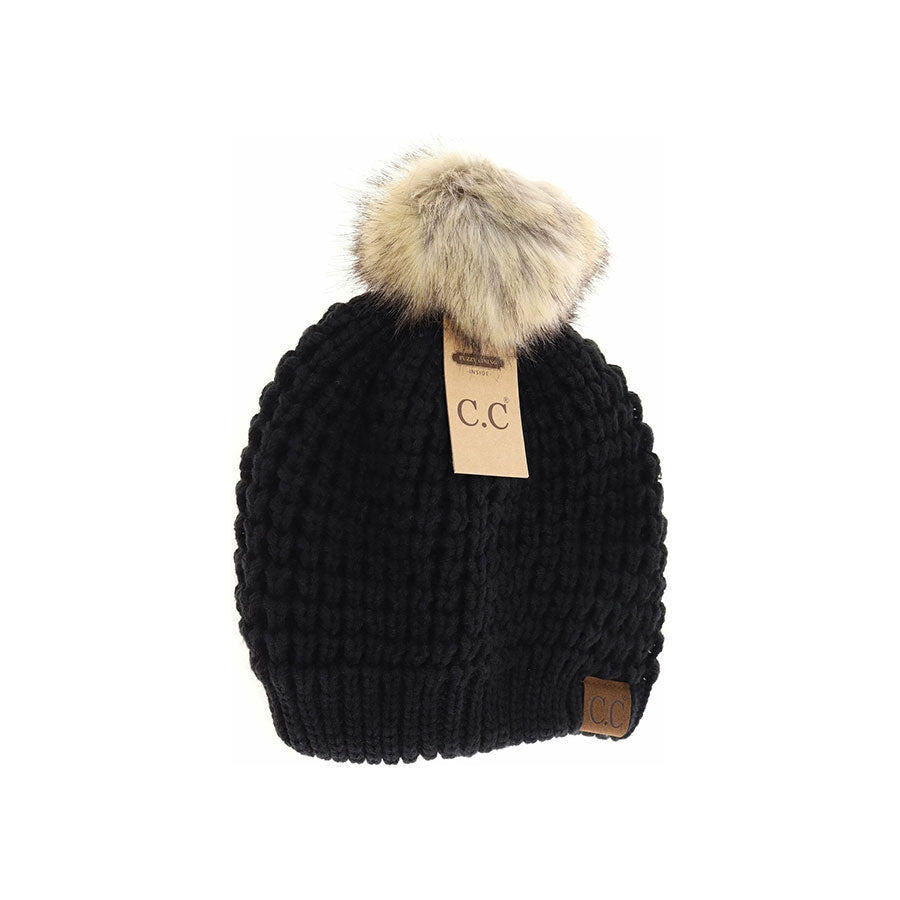 Solid Waffle Stitch Faux Fur Pom Beanie