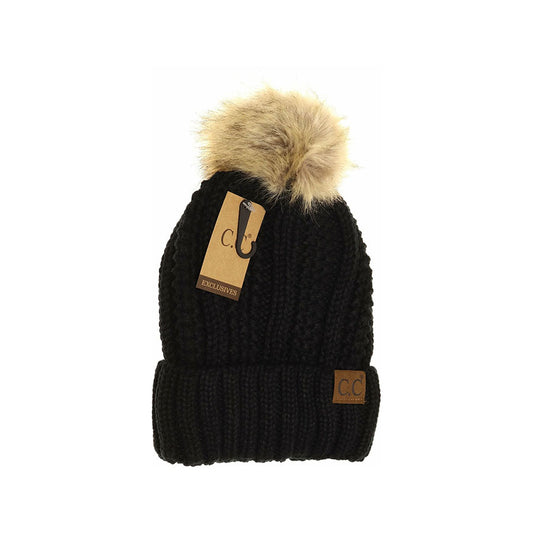 Knitted Pom Beanie with Fuzzy Lining