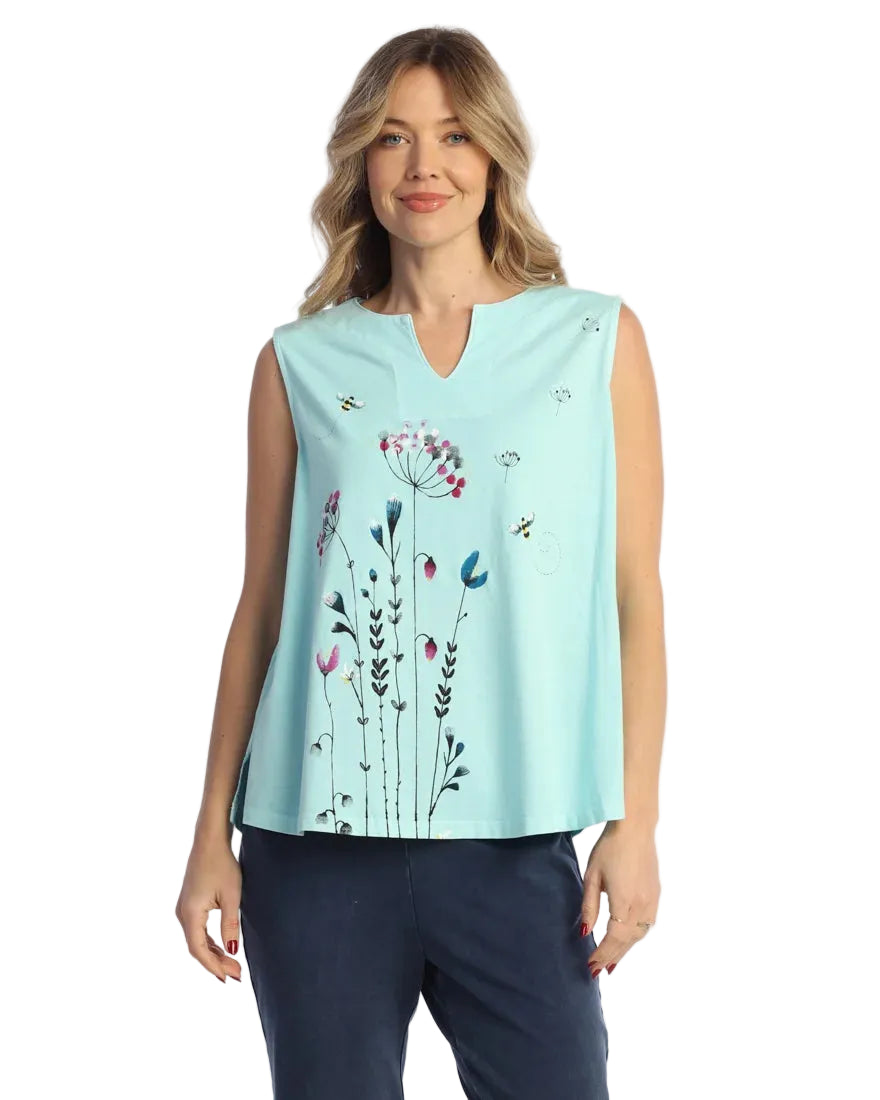 Sleeveless Top Notch Neck and Side Slit - Busy Bees