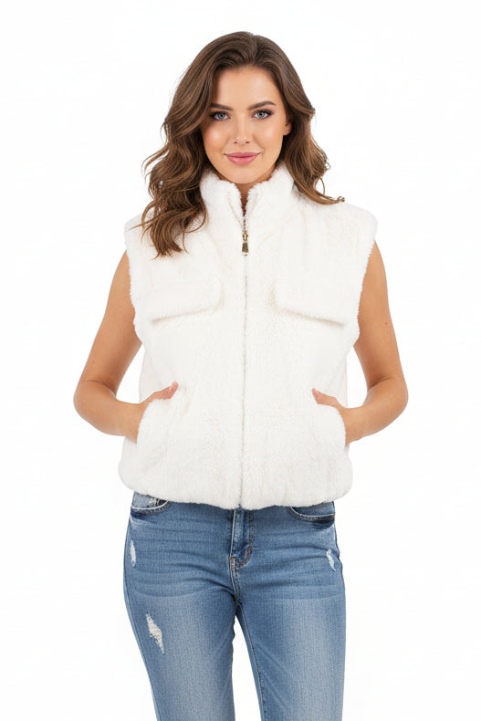Cropped Zip Up Faux Fur Vest