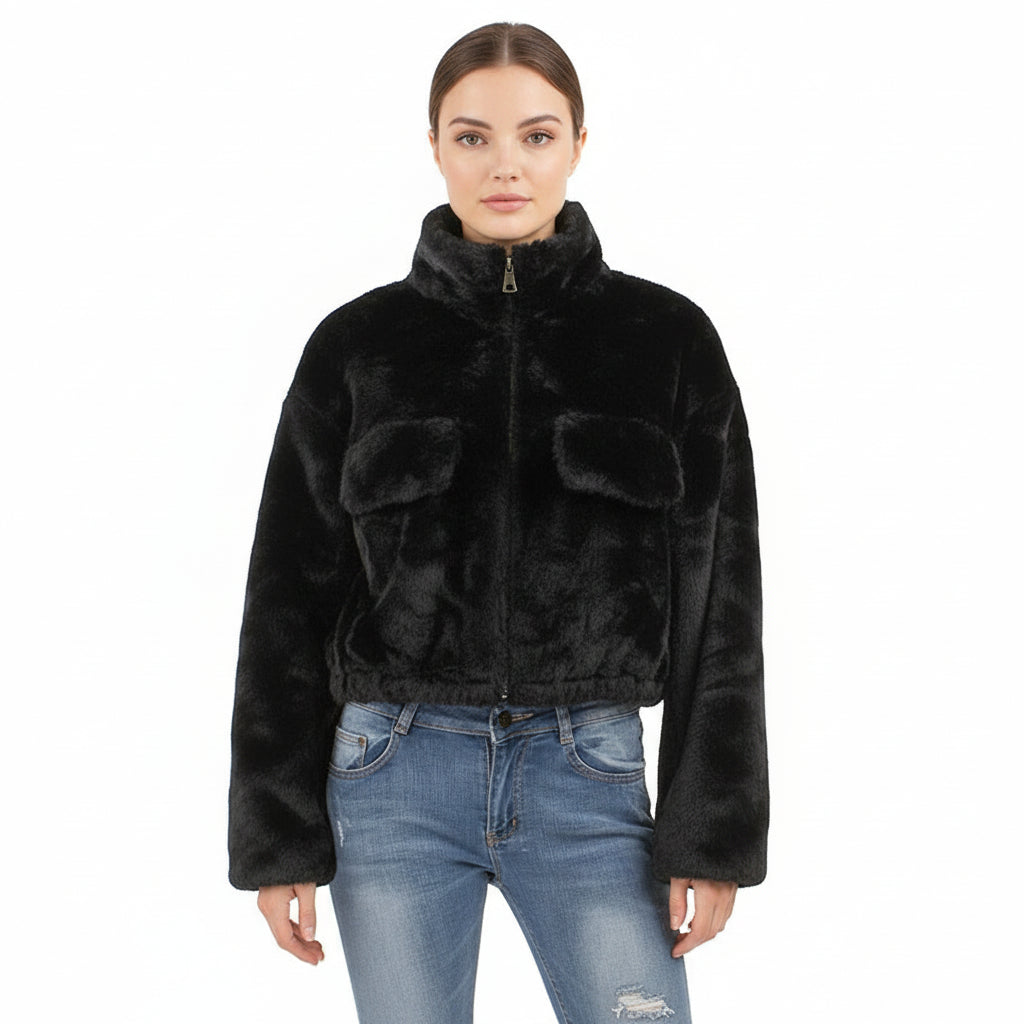 Cropped Zip Up Faux Fur Jacket