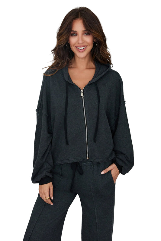 Frayed Hem L/S Zip Up Hoodie