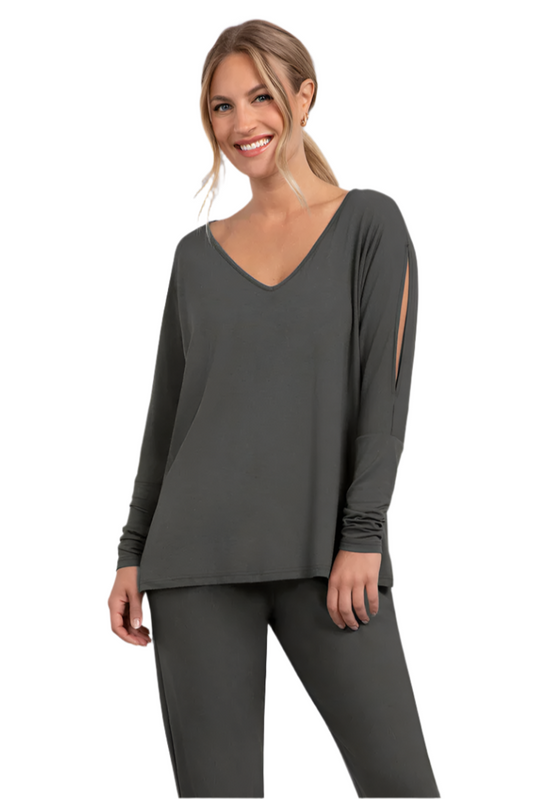 Bamboo Cotton V-Neck Slit Sleeve Top