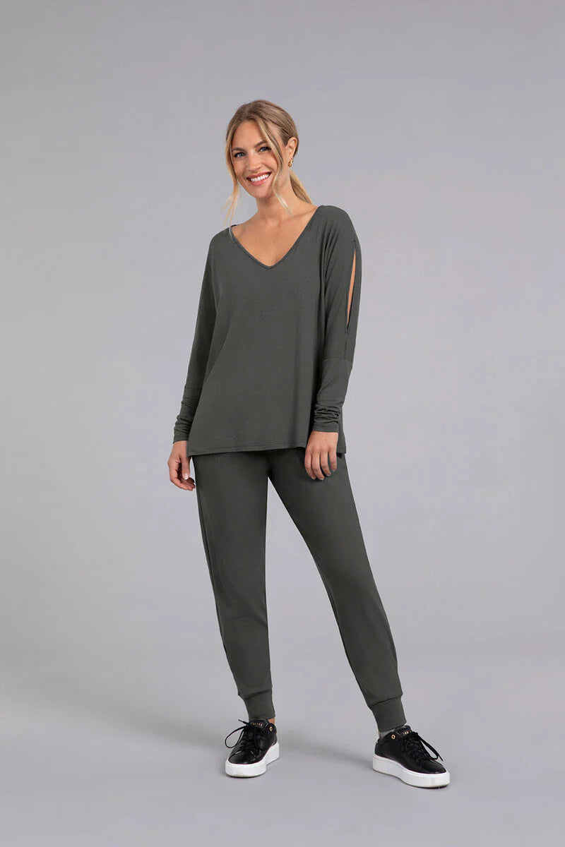 Bamboo Cotton V-Neck Slit Sleeve Top