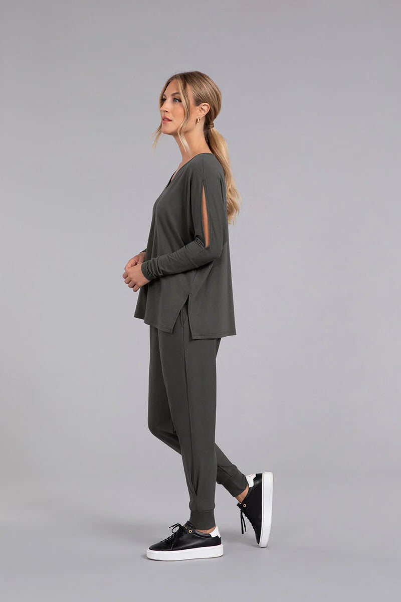 Bamboo Cotton V-Neck Slit Sleeve Top