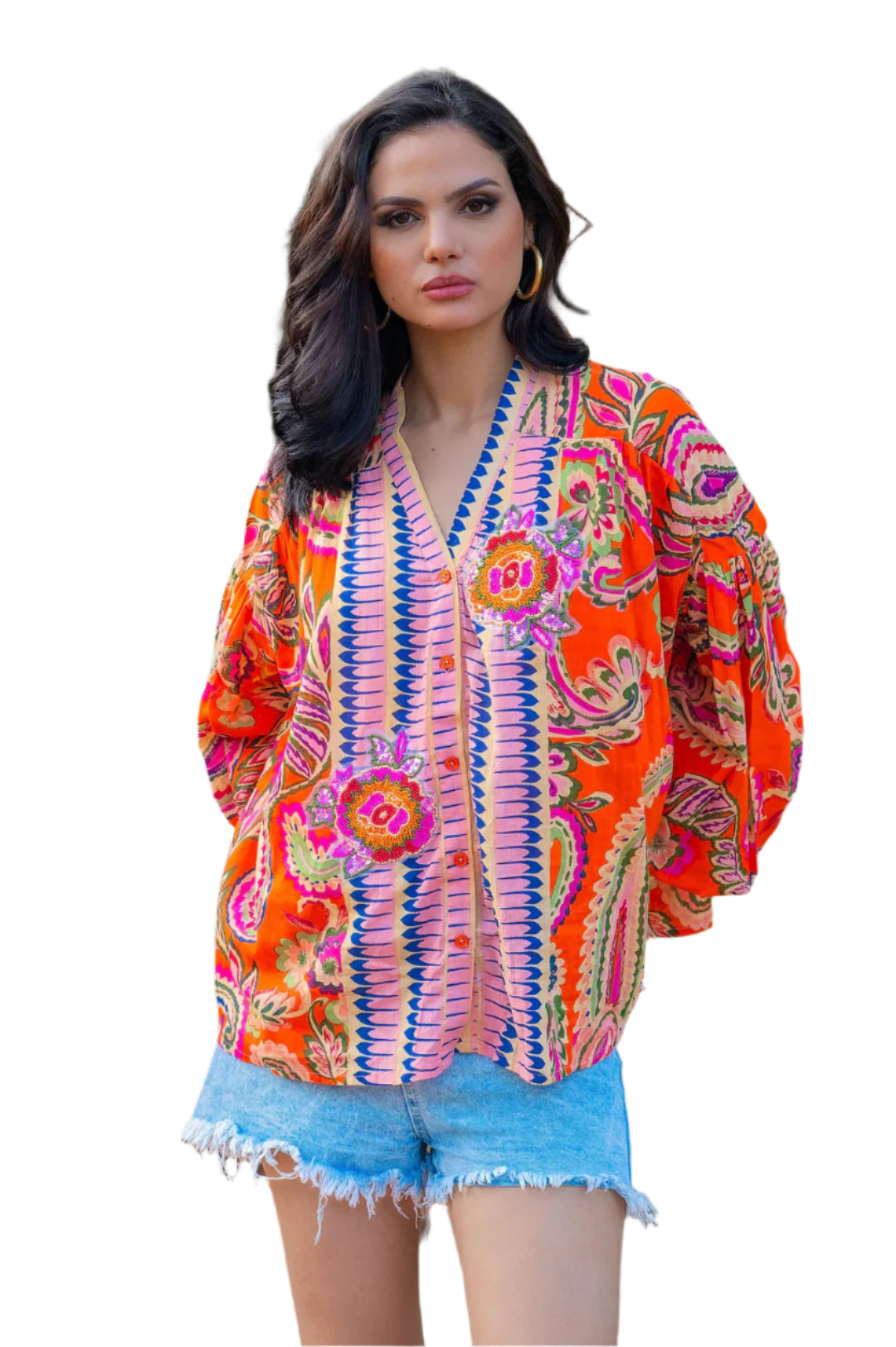Boxy V-Neck Button Up Top with Beading