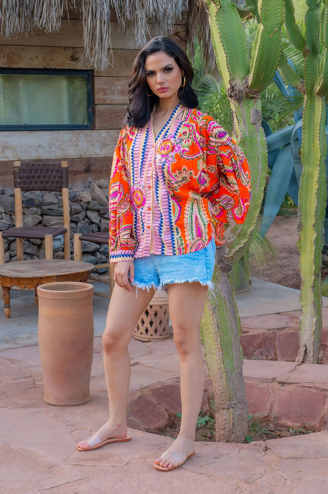 Boxy V-Neck Button Up Top with Beading