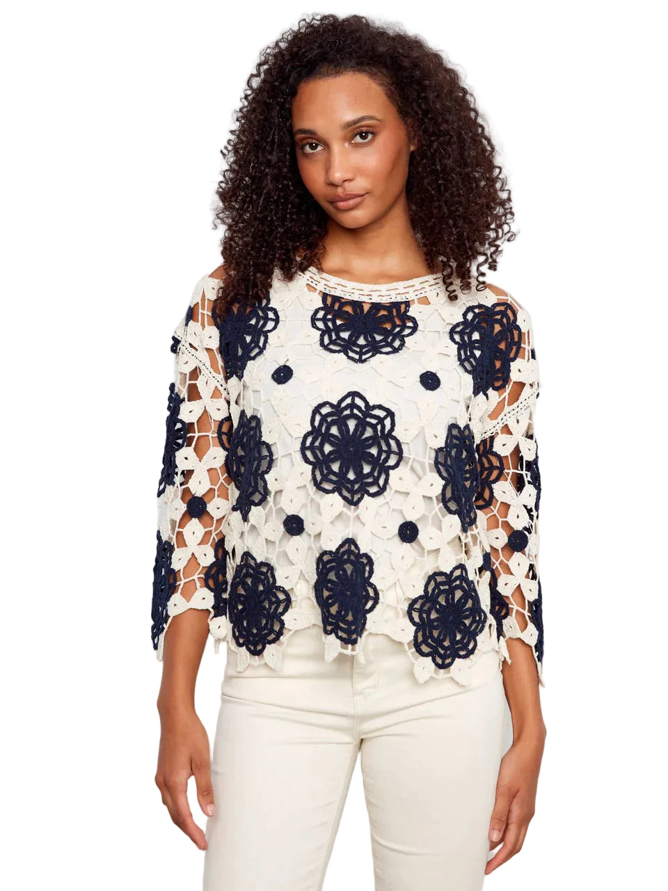 3/4 Sleeve Crochet Flower Blouse