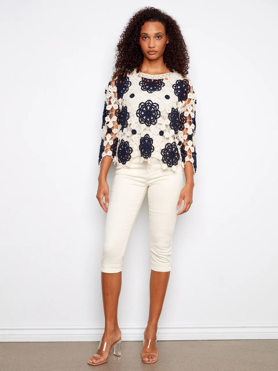 3/4 Sleeve Crochet Flower Blouse