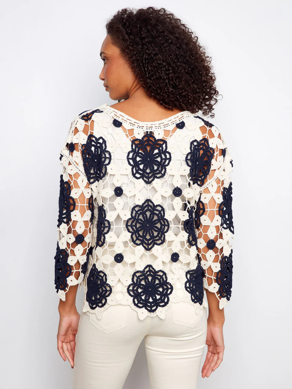 3/4 Sleeve Crochet Flower Blouse