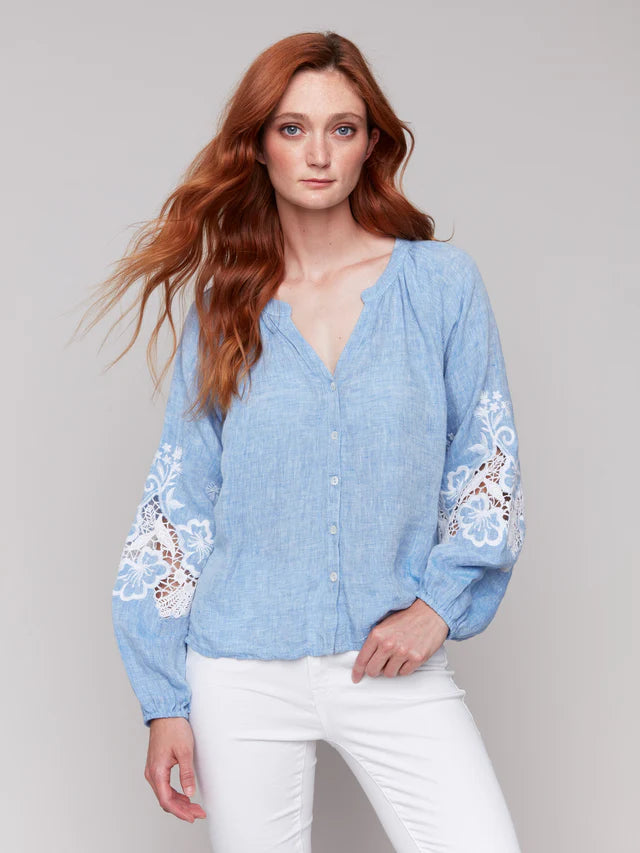 Raglan Long Sleeves Blouse with Embroidery