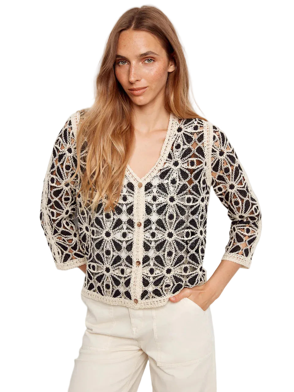 3/4 Sleeve Crochet V-Neck Cardigan
