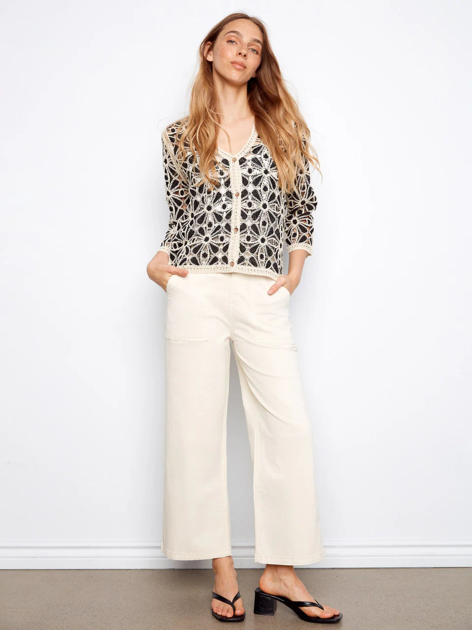 3/4 Sleeve Crochet V-Neck Cardigan