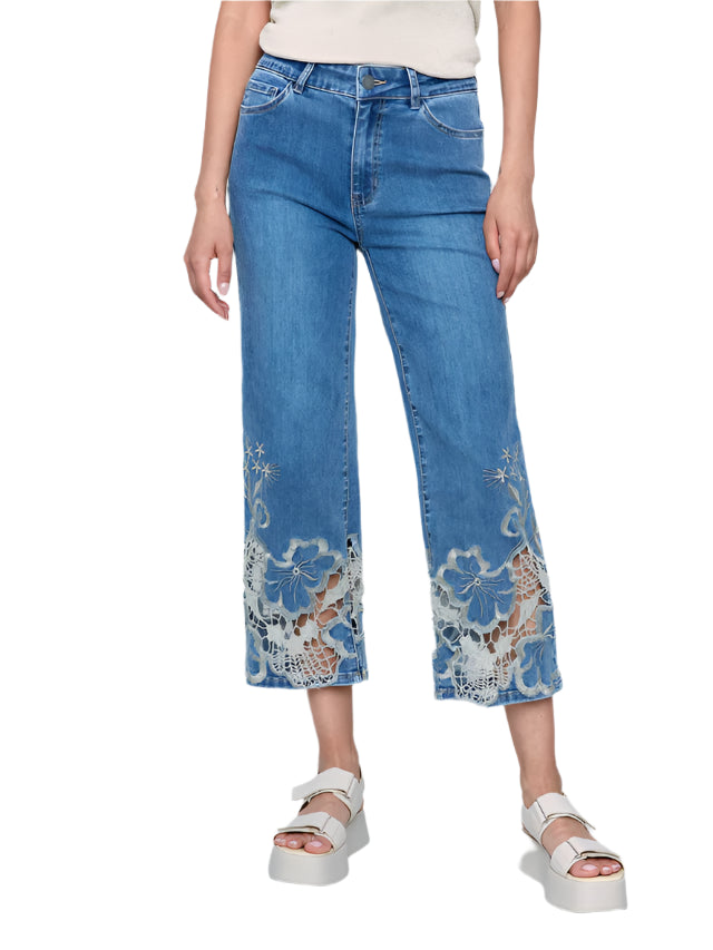 Cropped Flare Leg Jeans with Lace Hem