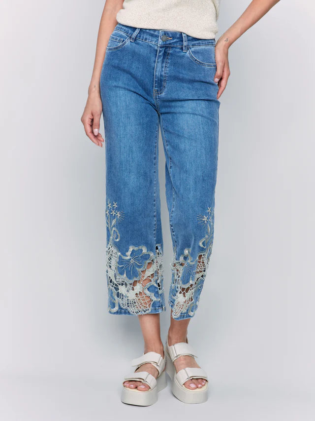 Cropped Flare Leg Jeans with Lace Hem