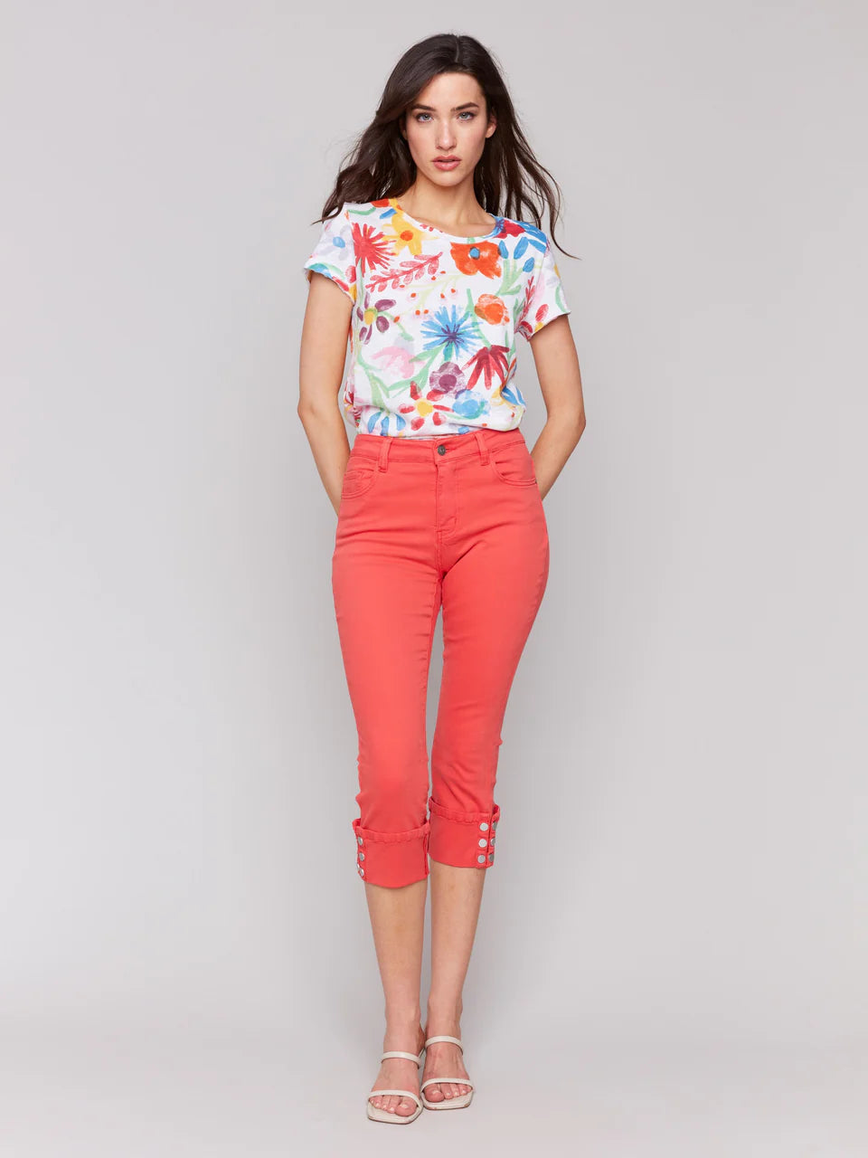 Cropped Twill Jeans with Snap Button Cuff Detail