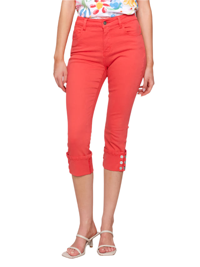Cropped Twill Jeans with Snap Button Cuff Detail