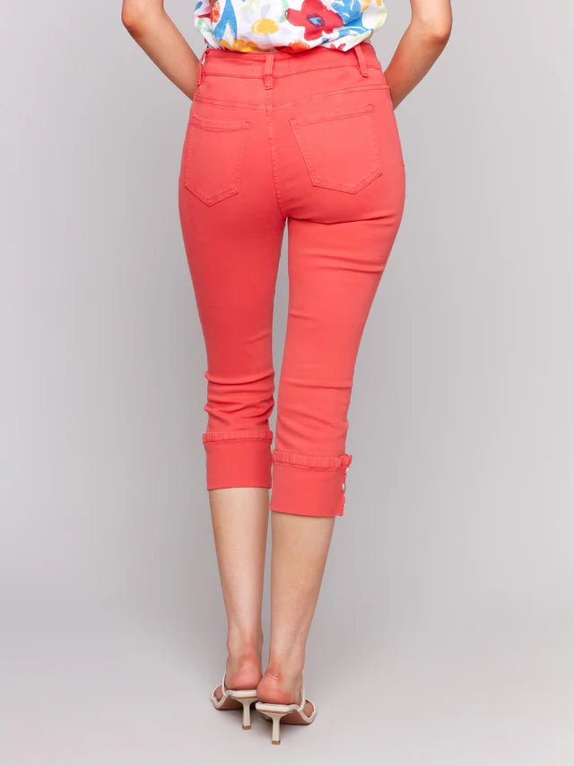Cropped Twill Jeans with Snap Button Cuff Detail