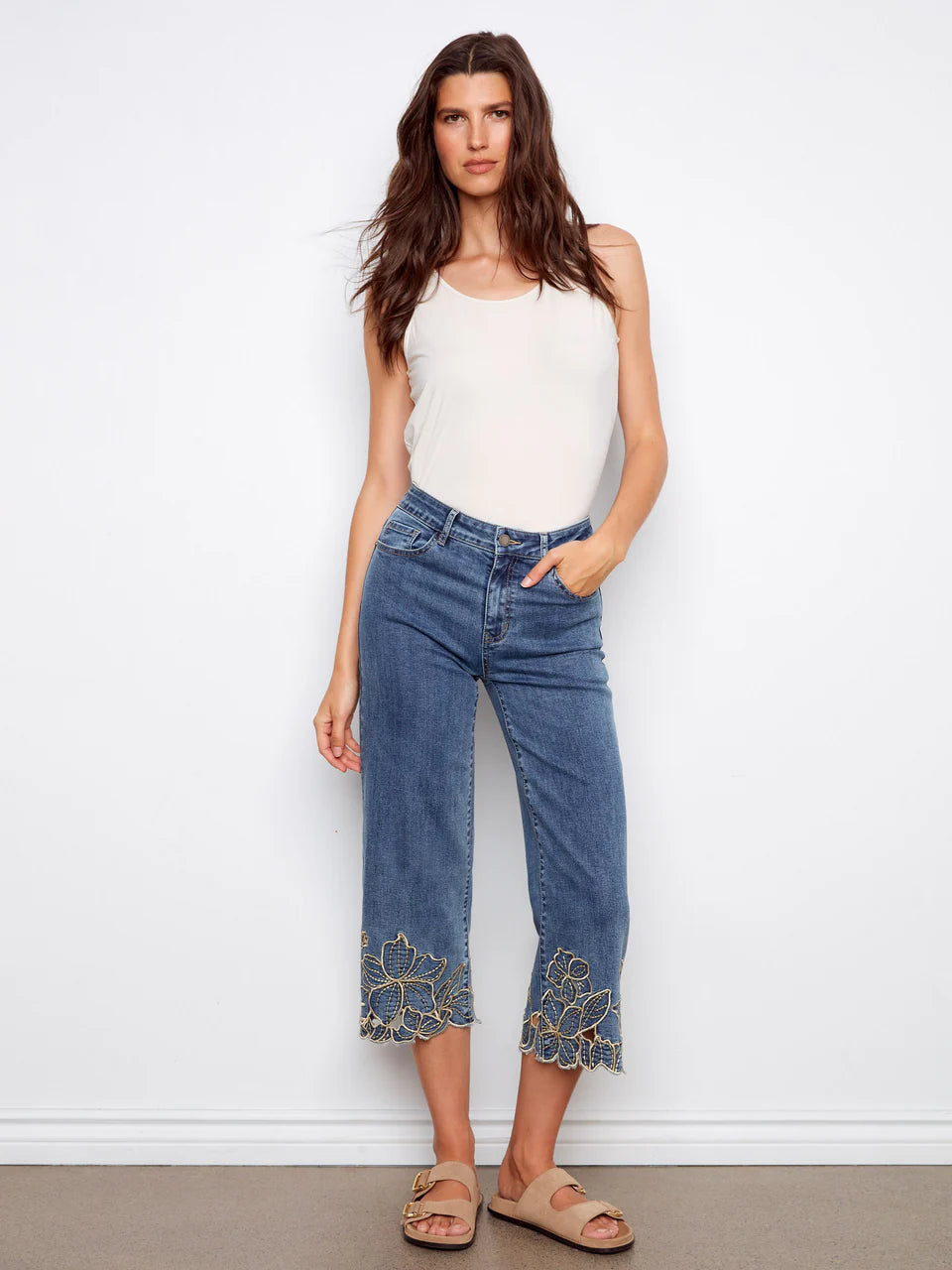 Cropped Wide Leg Stretch Denim with Flower Embroidery