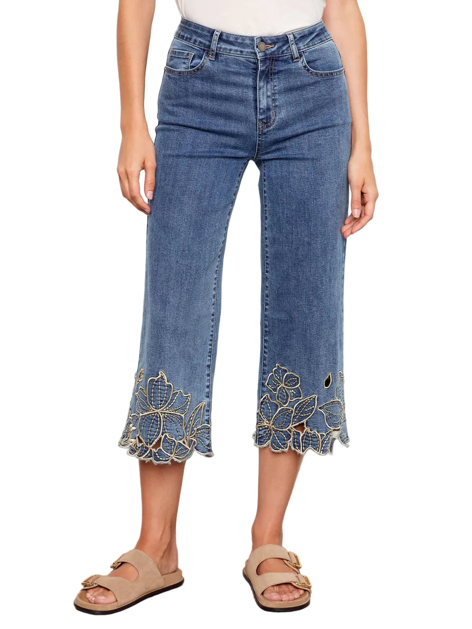 Cropped Wide Leg Stretch Denim with Flower Embroidery