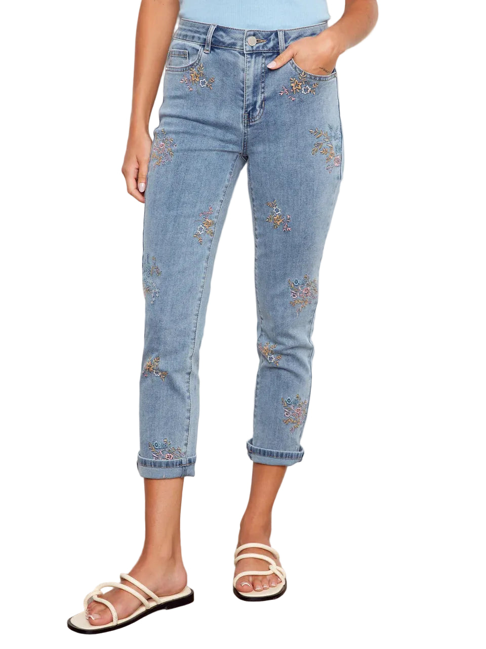 All Over Embroidered Slim Leg Cuffed Pants