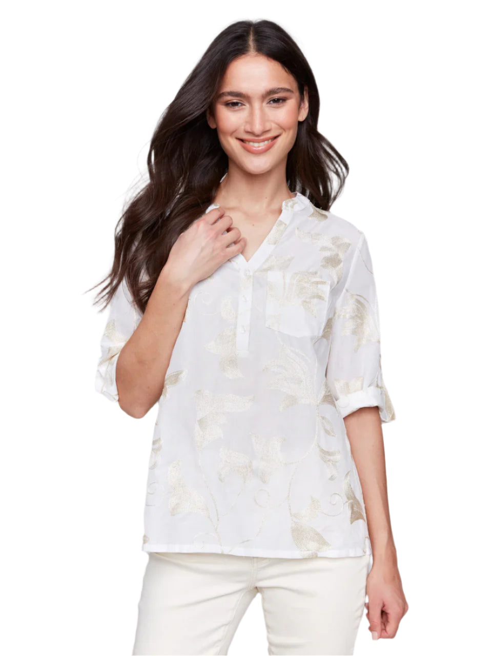 Embroidered Roll Up 3/4 Sleeve Popover Blouse