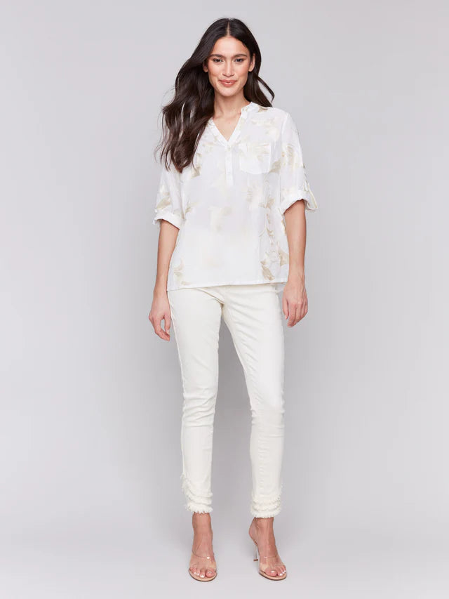 Embroidered Roll Up 3/4 Sleeve Popover Blouse
