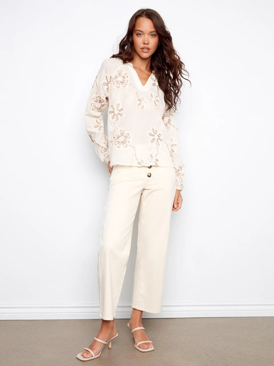 Textured Embroidered Long Sleeve Blouse