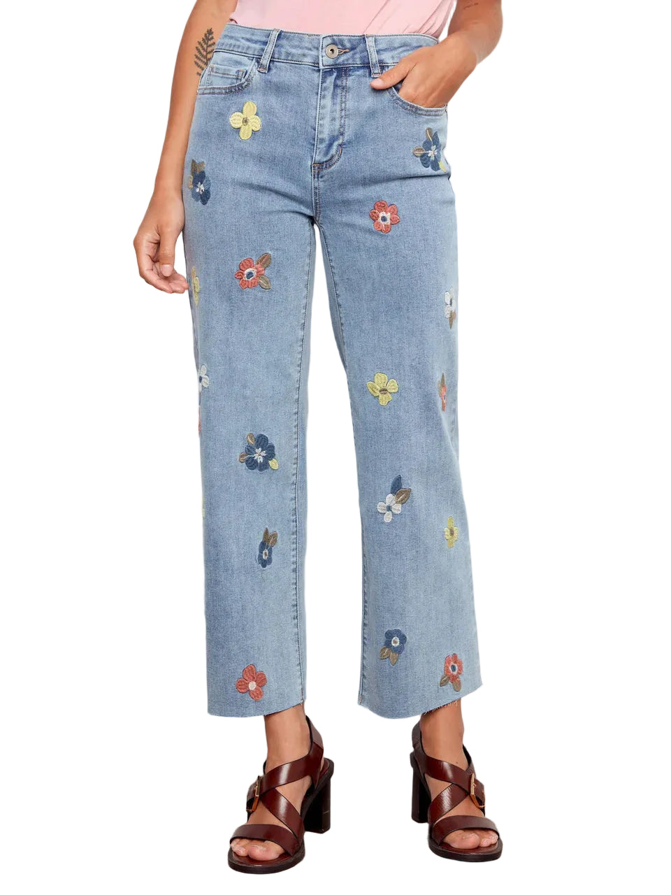 Floral Embroidered Wide Leg Jeans