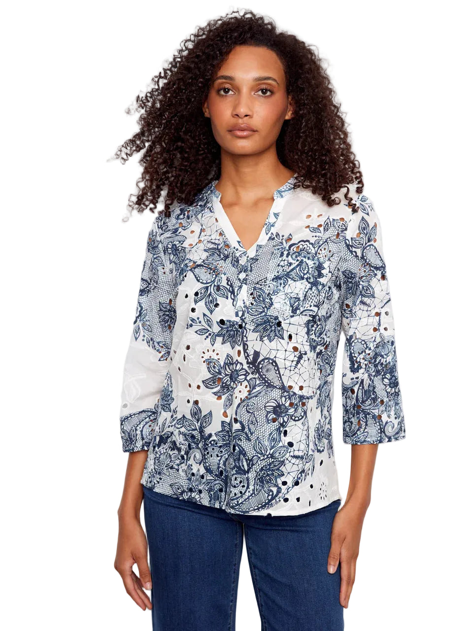 3/4 Roll Up Sleeve Printed Eyelet Henley Blouse