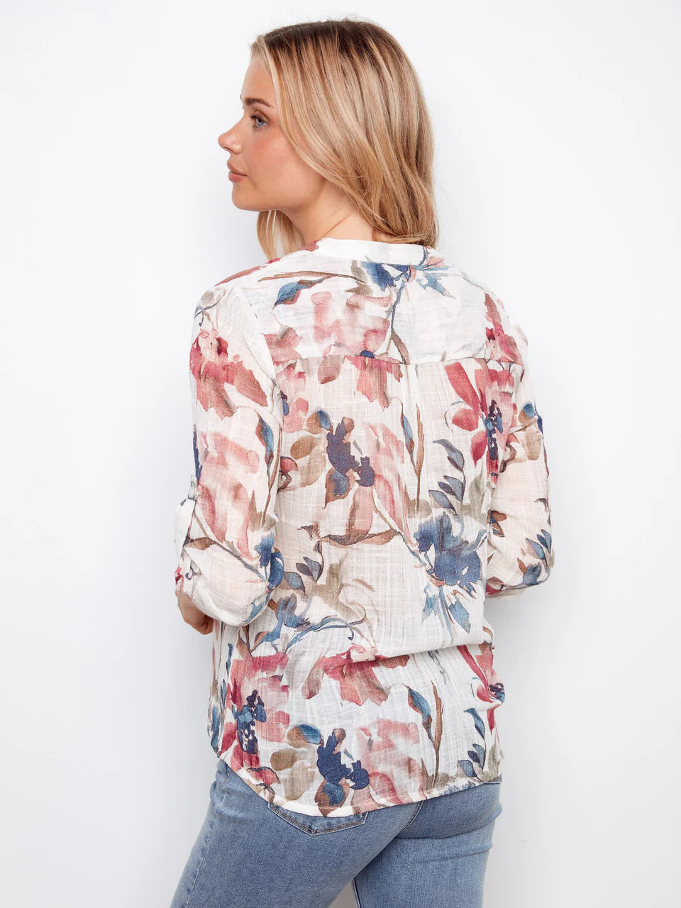 Printed Roll Up Sleeve Cotton Gauze Top