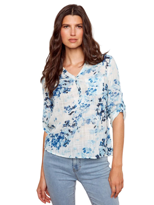 Printed Roll Up Sleeve Cotton Gauze Top