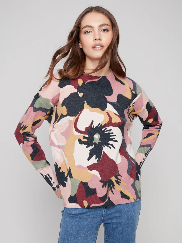 Printed Plushy Mock Neck Sweater