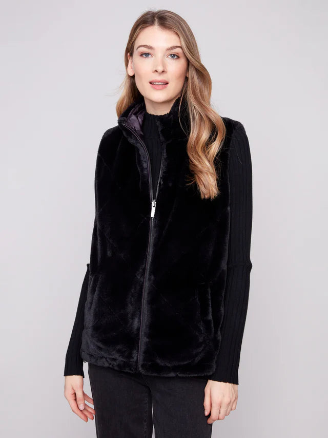Printed Reversible Quilted Faux Fur Vest