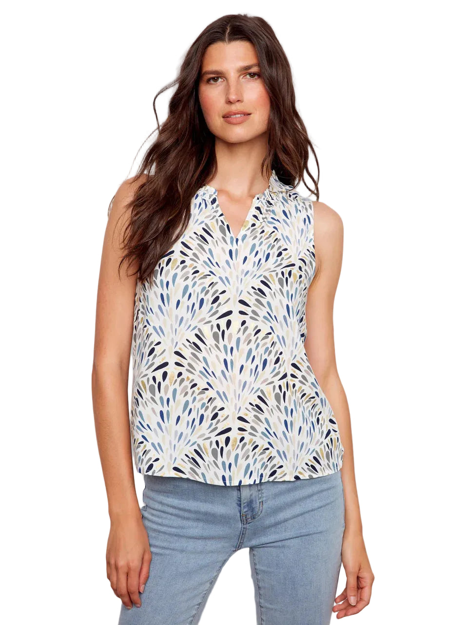 Printed Sleeveless Blouse with Ruffle