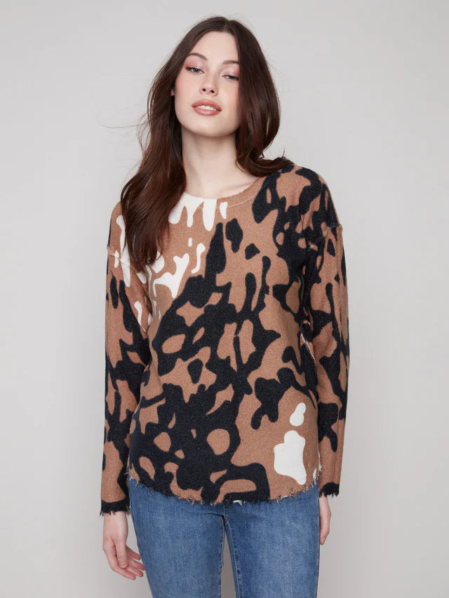 Reversible Printed Plush Sweater With Frayed Edges