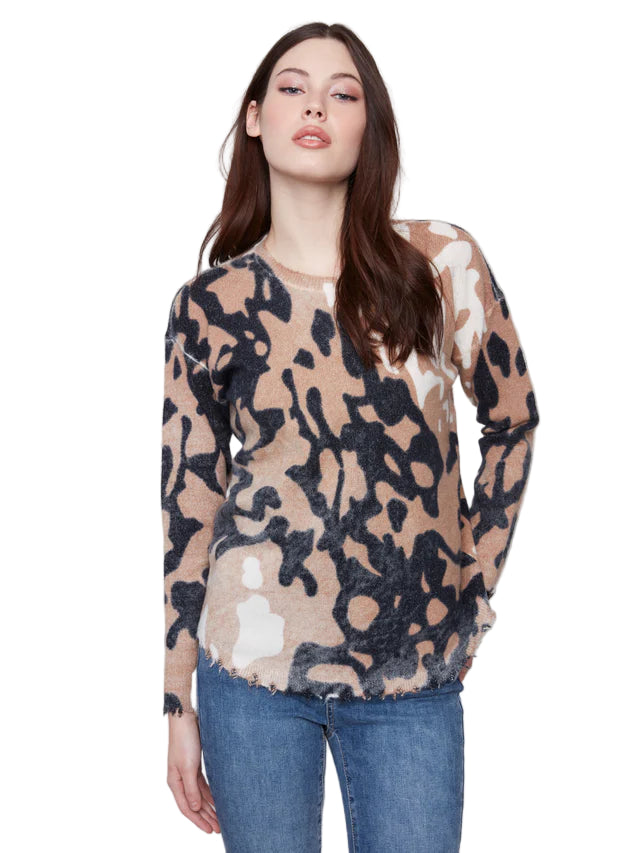 Reversible Printed Plush Sweater With Frayed Edges