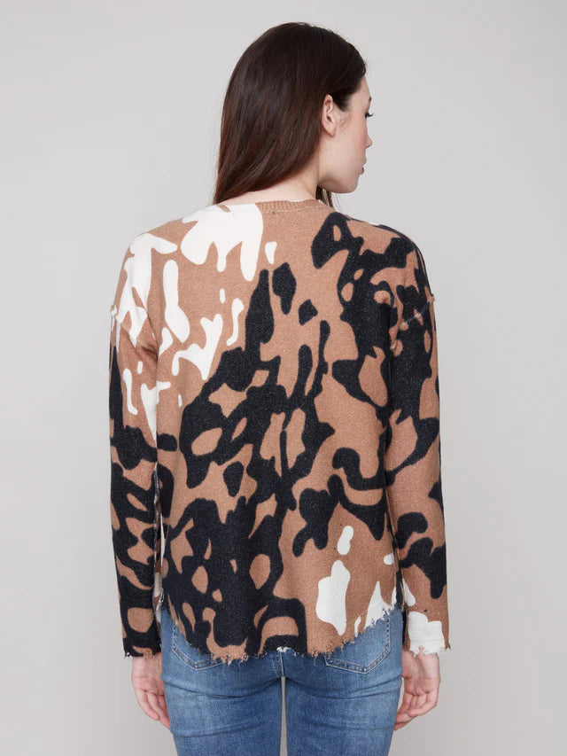 Reversible Printed Plush Sweater With Frayed Edges