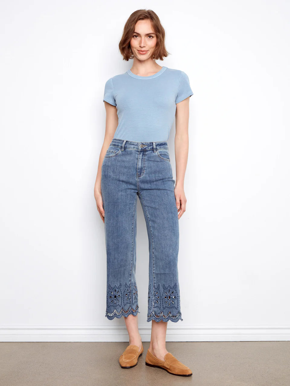 Scallop Eyelet Hem Wide Leg Denim Pants