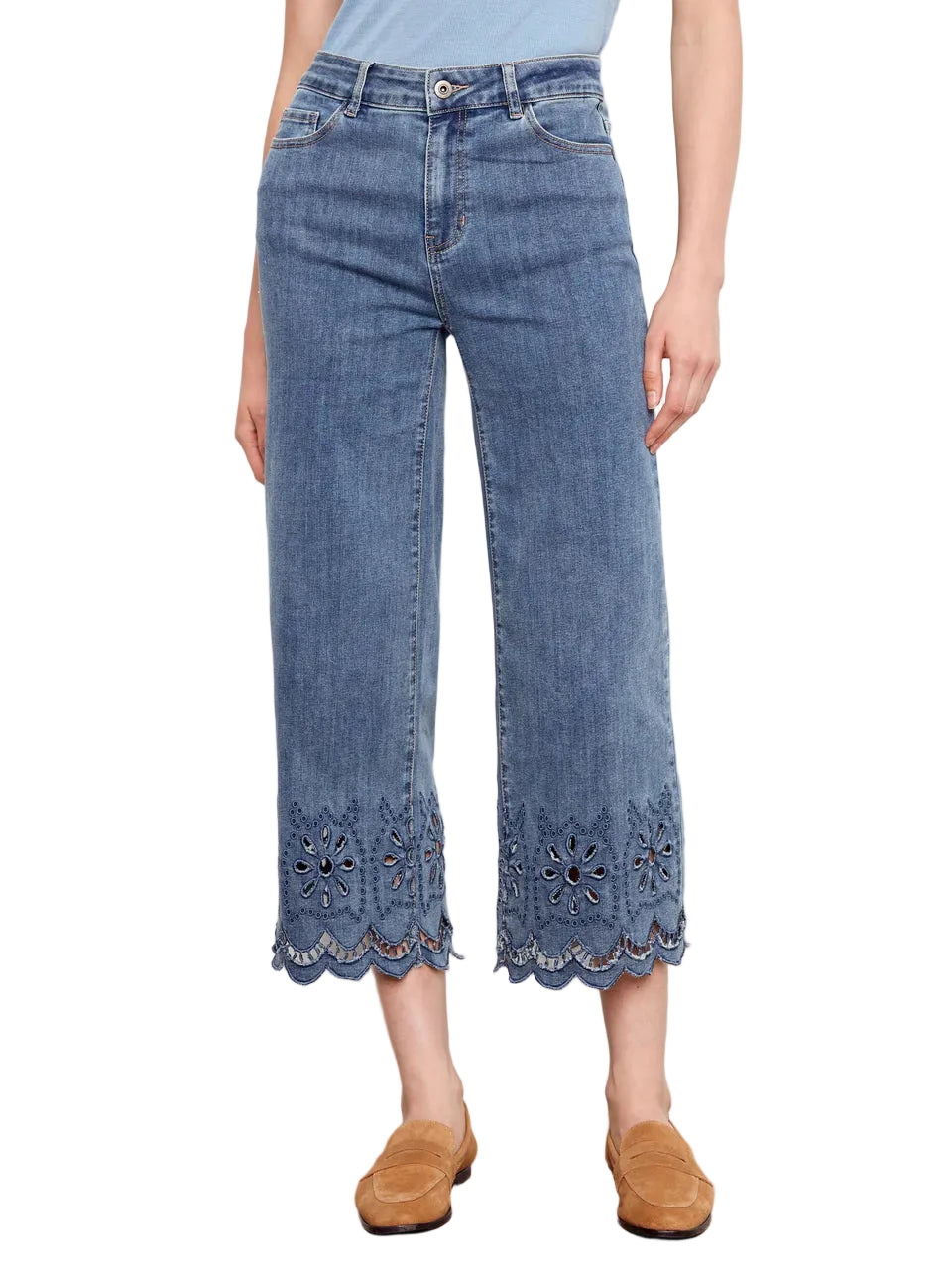 Scallop Eyelet Hem Wide Leg Denim Pants