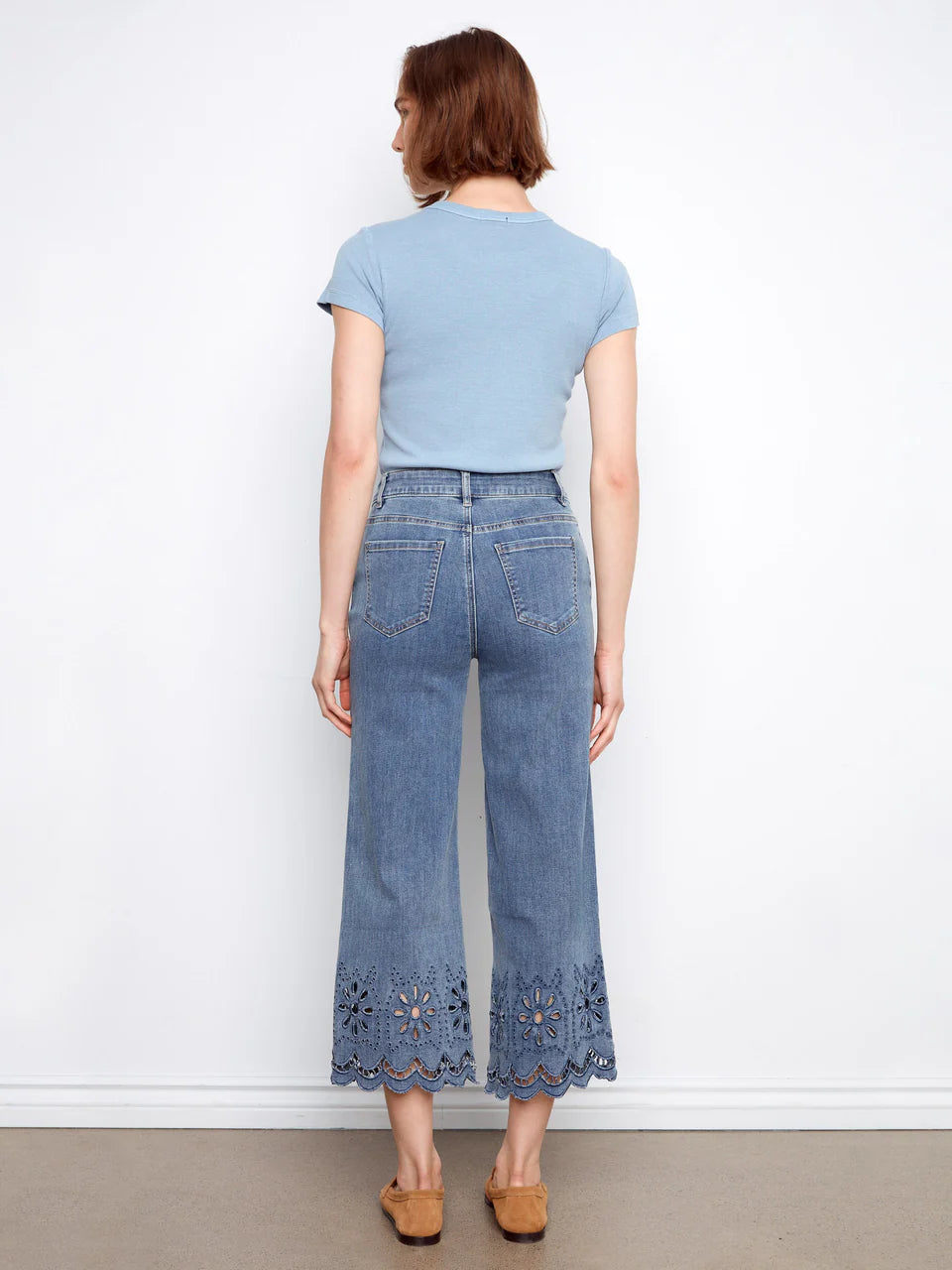 Scallop Eyelet Hem Wide Leg Denim Pants
