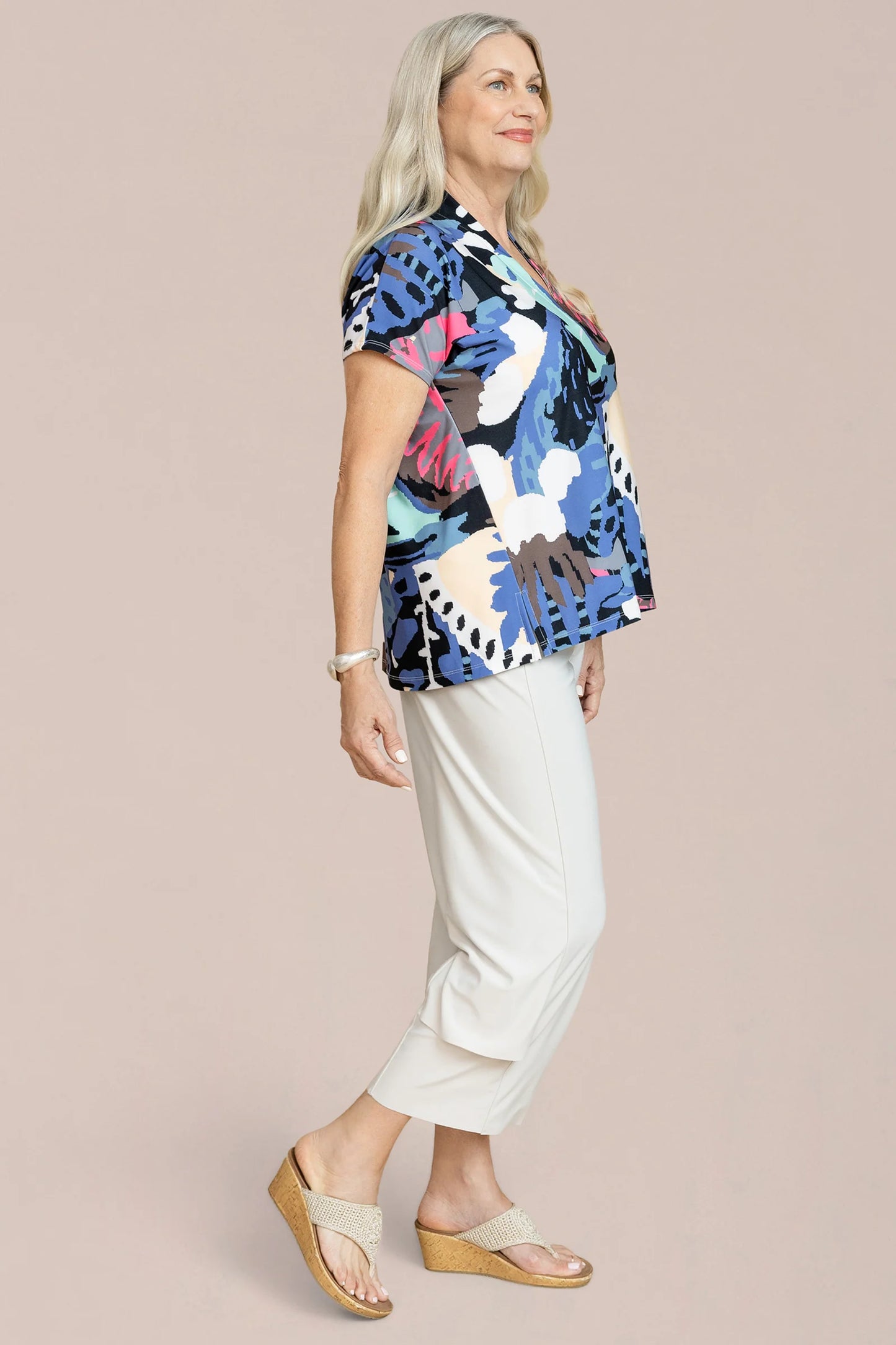 Deep V Top Print, Short Sleeve