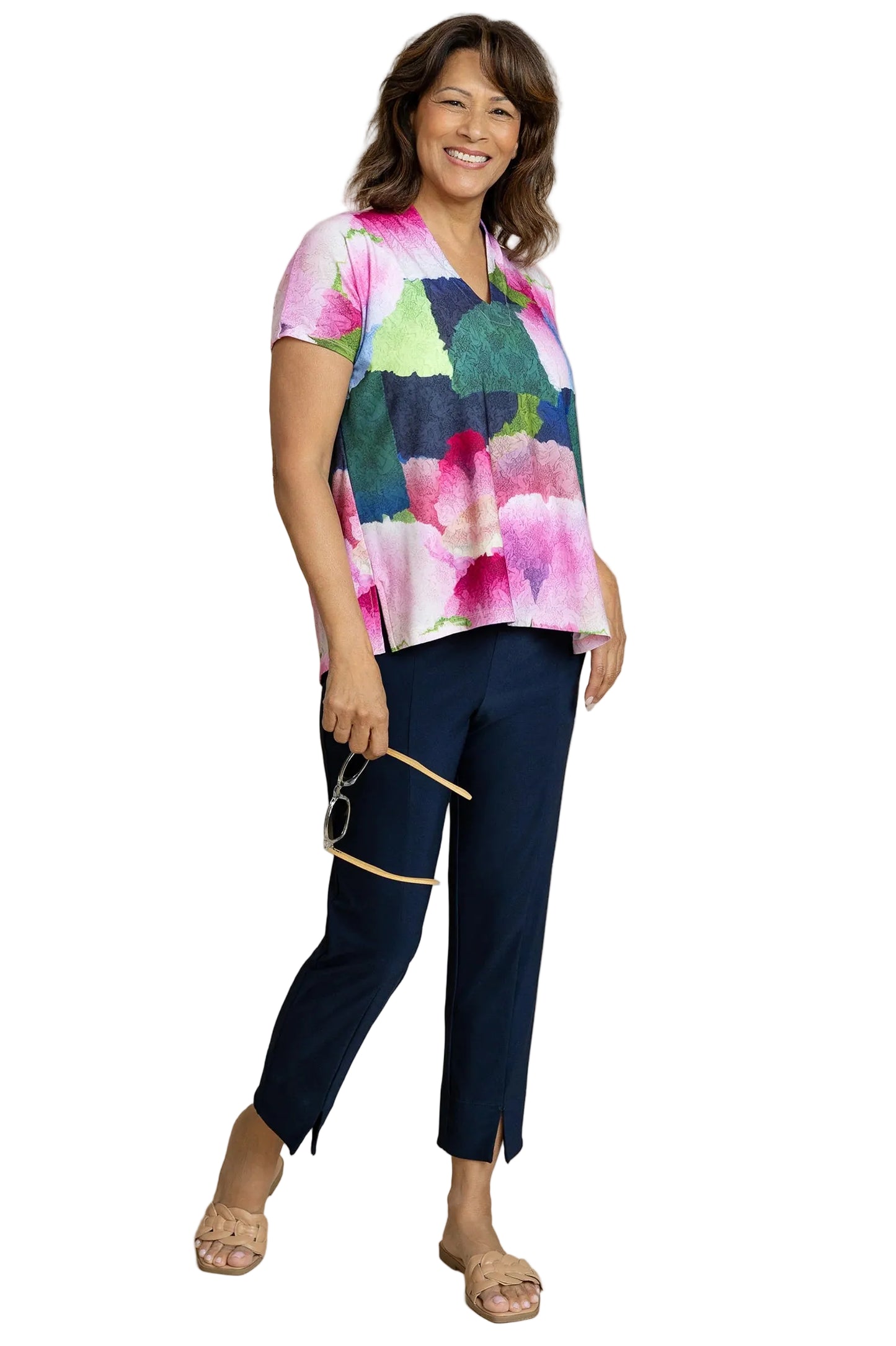 Deep V Top Print, Short Sleeve