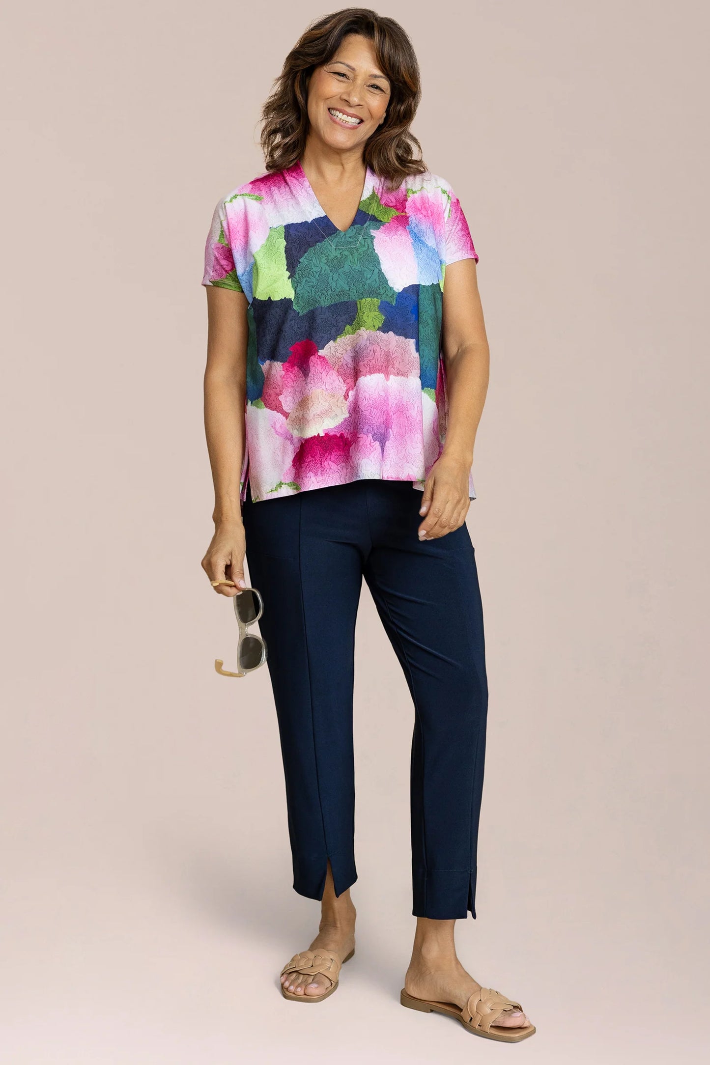 Deep V Top Print, Short Sleeve