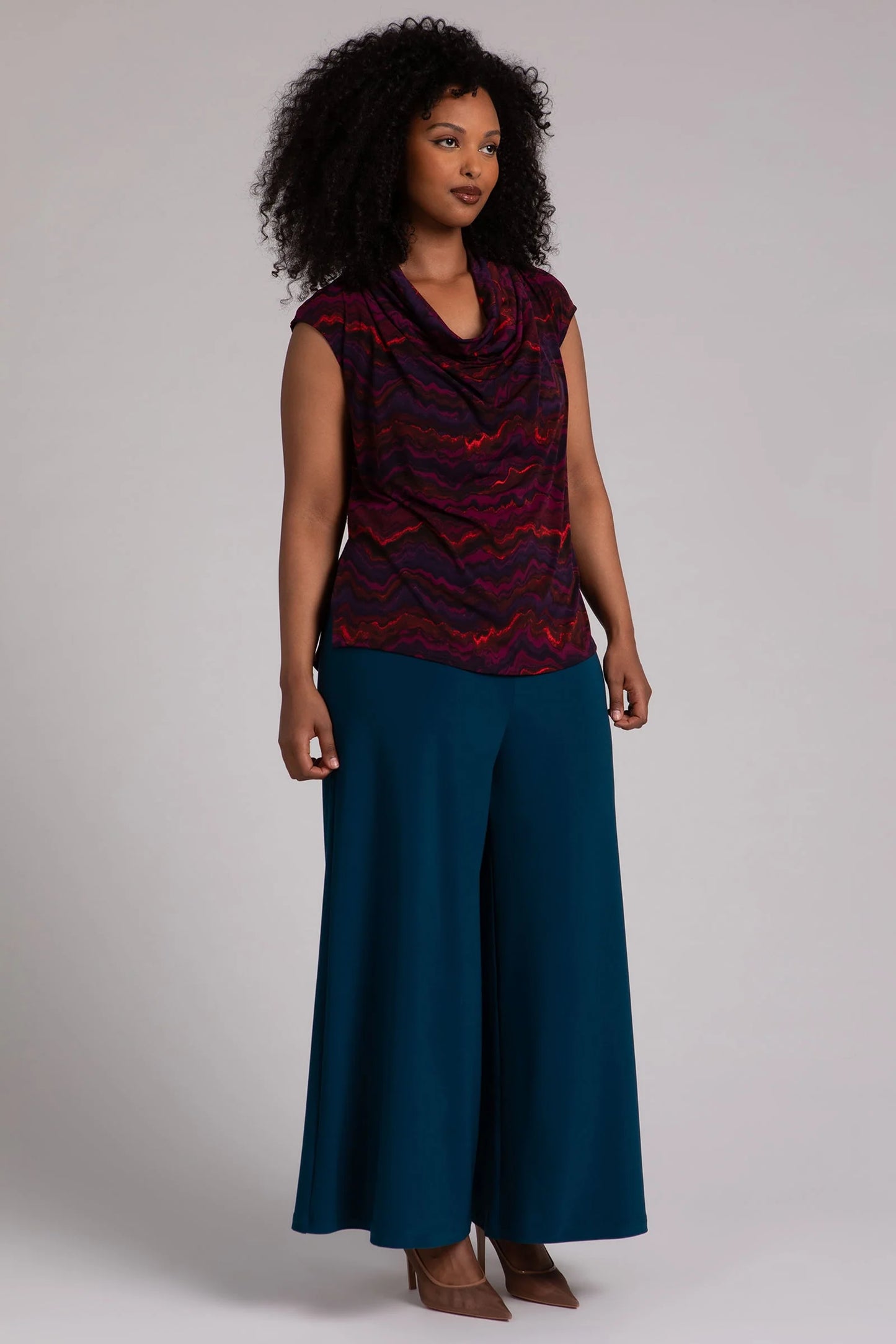 Draped Cowl Neck Print Top