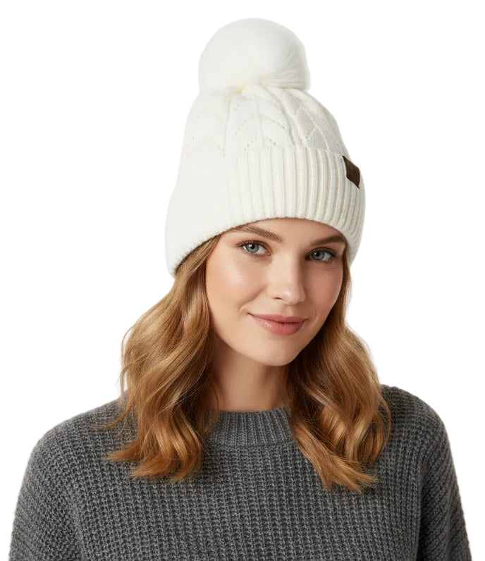 Micro Sequined Cable Knit Fleece Pom Pom Beanie